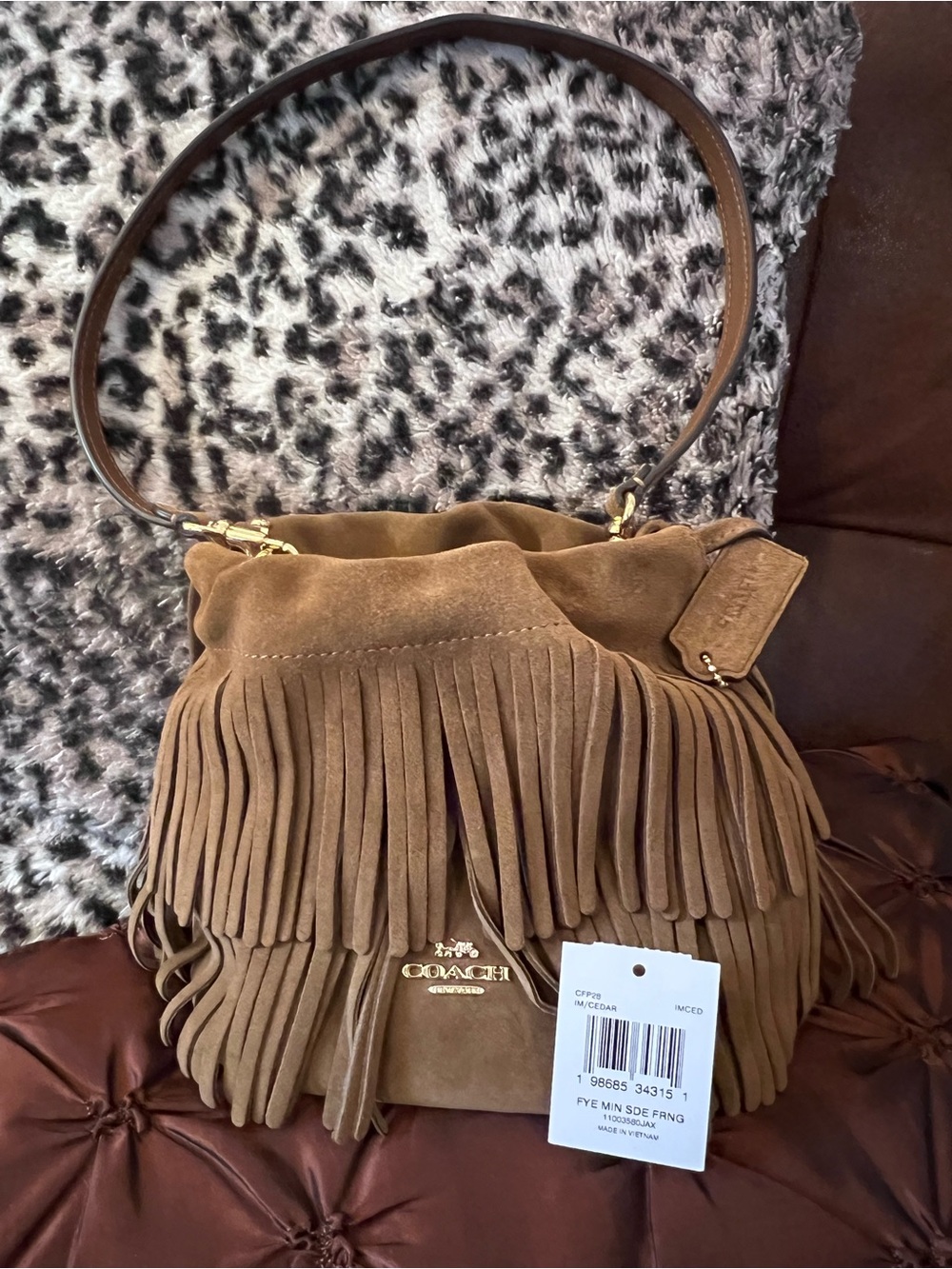 NWT Coach Faye Mini Suede Fringe Drawstring Crossbody Bag Cedar CFP28